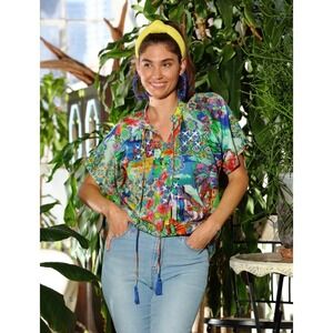 Artisan KikiSol Womens Herb Patchwork Beaded Tassel Boho Top Size‎ M NEW